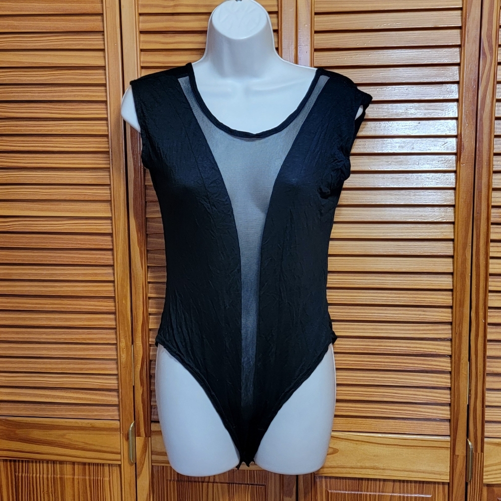 Black Bodysuit With Mesh Front Insert